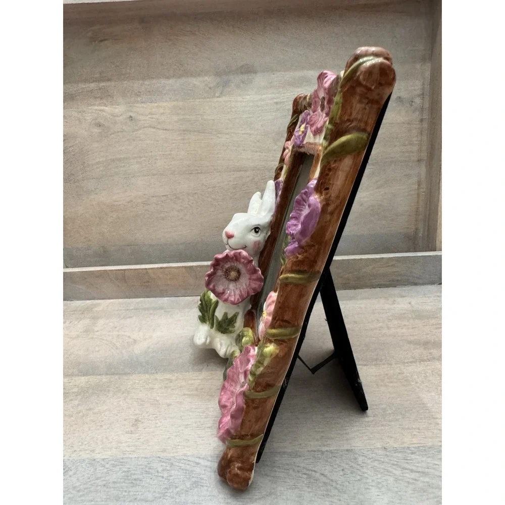 Ceramic 3D Floral Bunny Rabbit Photo Frame Easel Back Table Top Signature Home